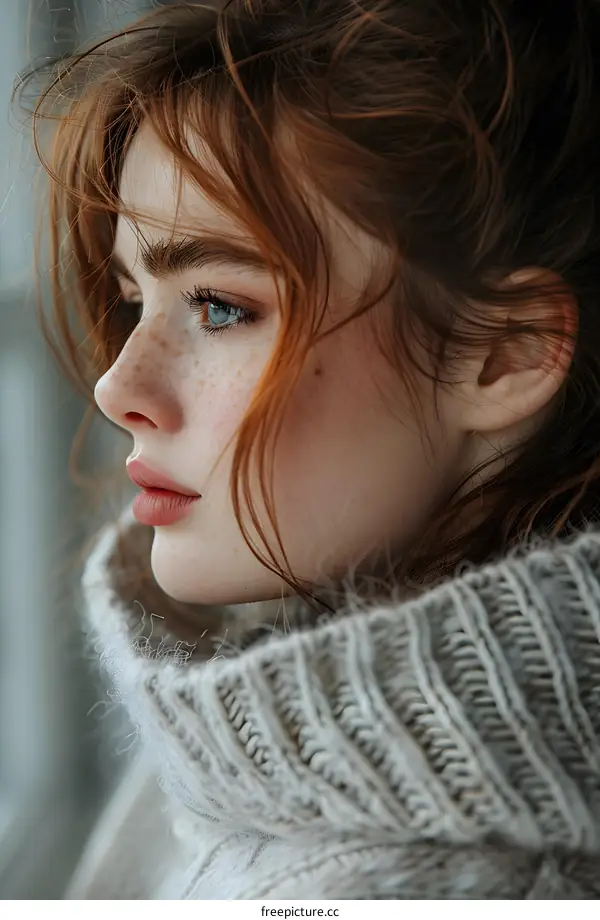 portrait of a beautiful redheaded woman in a gray sweater