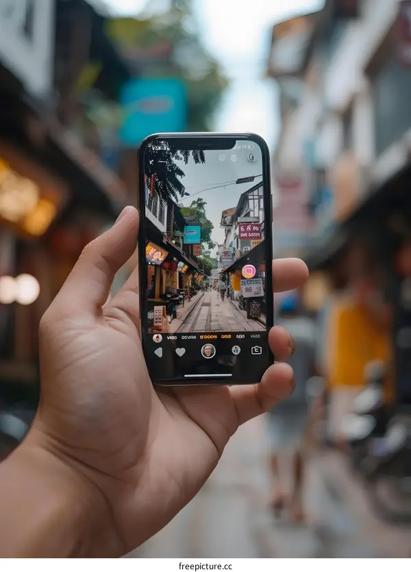 Phone Screen Capturing a Street in a Foreign Country