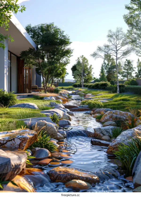 Beautiful Garden with Serene River Flowing Through