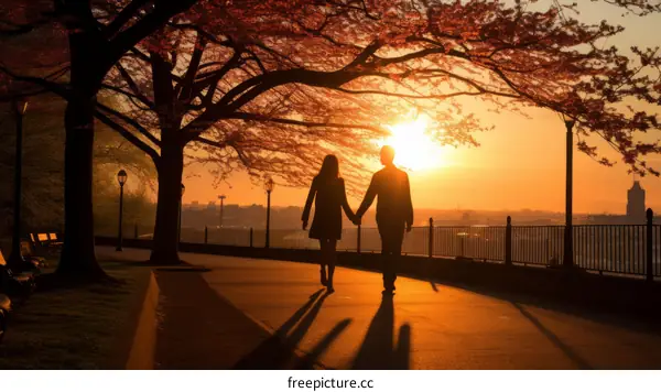 A couple is walking in the park at sunset.