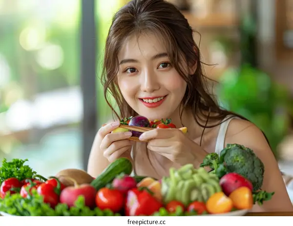 Asian woman holding a variety of vegetables and fruits