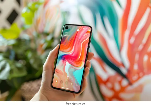 Hand Holding Smartphone With Abstract Wallpaper