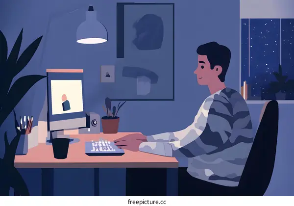 Man Working on Computer at Night