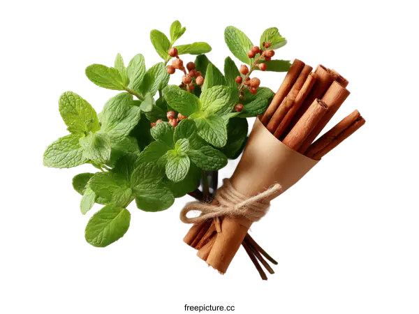 [Transparent Background PNG]Fresh Mint and Cinnamon Spices Arrangement