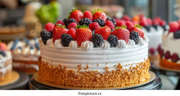 A cake with strawberries, raspberries, and blackberries on top