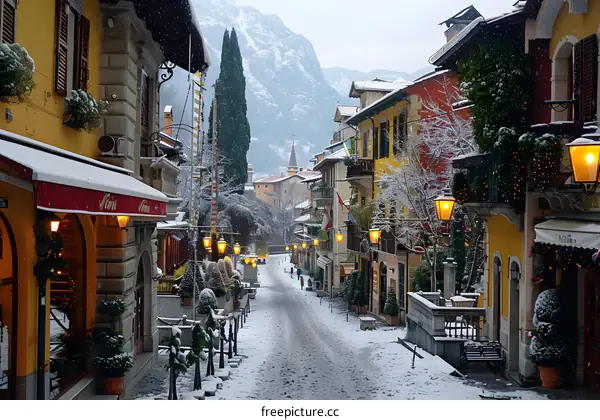 Snowy Street In Italian Town During Winter