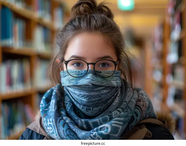 Young woman wearing a mask in a library