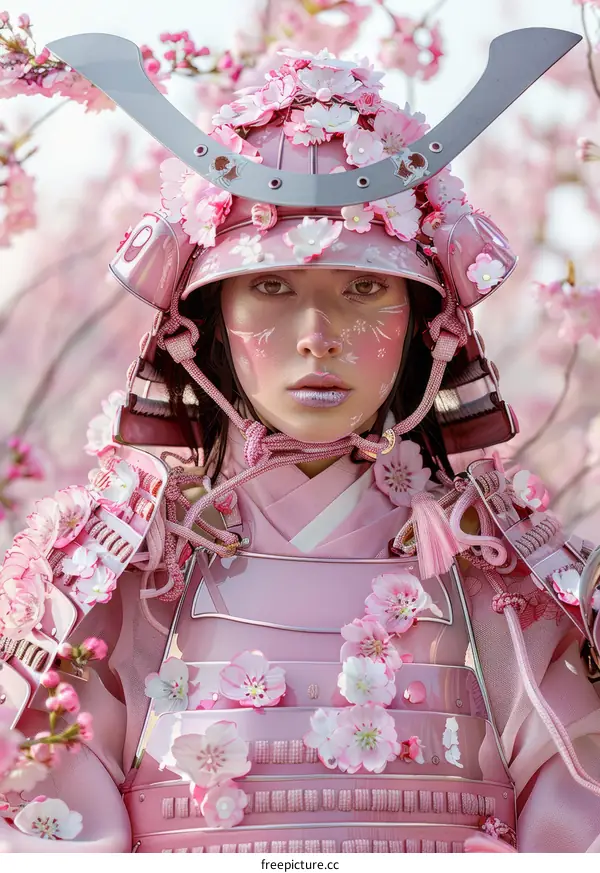 Portrait of a female samurai wearing a pink and white samurai armor decorated with cherry blossoms