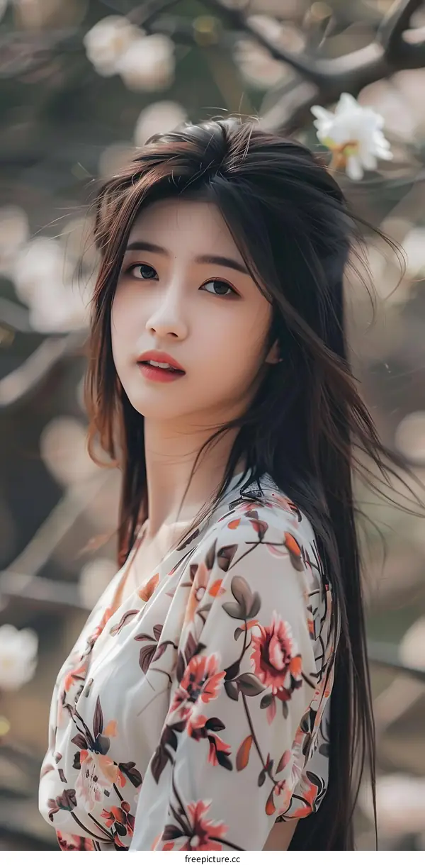 Beautiful Asian Woman with Long Black Hair in a Floral Dress