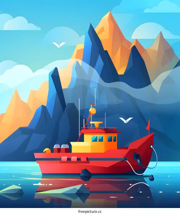 Seagull Flying Over Mountains With A Boat Below