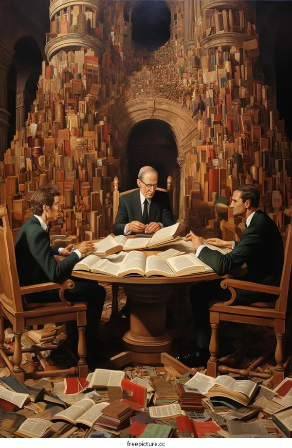 Three men in suits are sitting around a table reading books in a room with many bookshelves