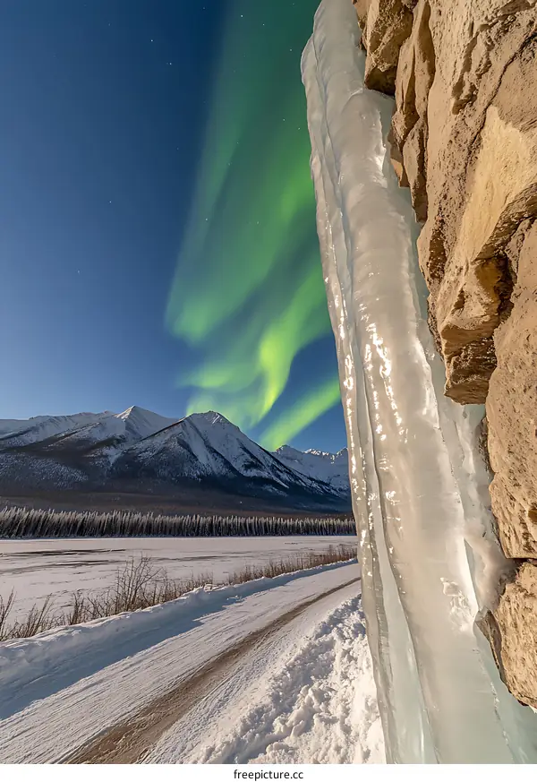 Northern Lights Aurora Borealis Display Over Snowy Mountains and Icicle