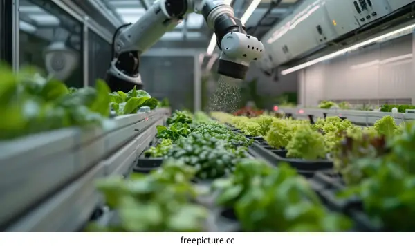 Automated vertical farming system with robotic arms tending to the plants