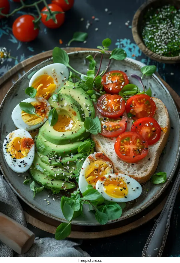 A plate of avocado toast and boiled eggs with tomatoes and herbs