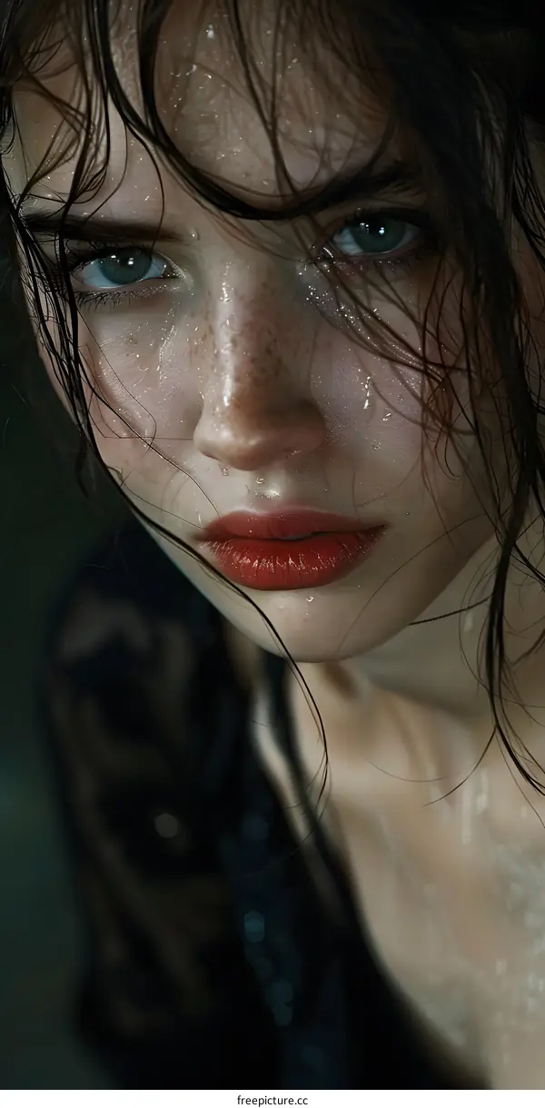 Portrait of a young woman with wet hair and red lipstick