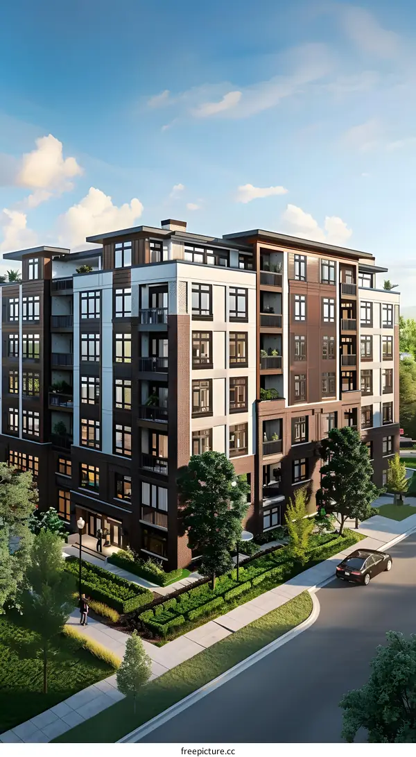 Modern Brick Apartment Building with Green Lawn and Blue Sky