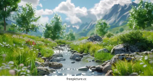 Tranquil River Flowing through Green Valley with Mountains and Rocks