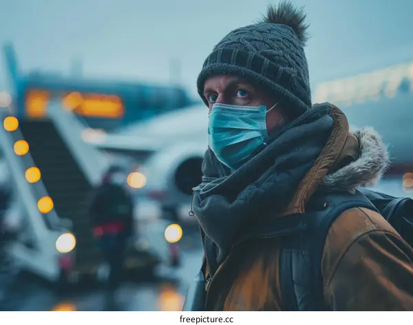 A weary traveler wearing a mask stands in front of a plane
