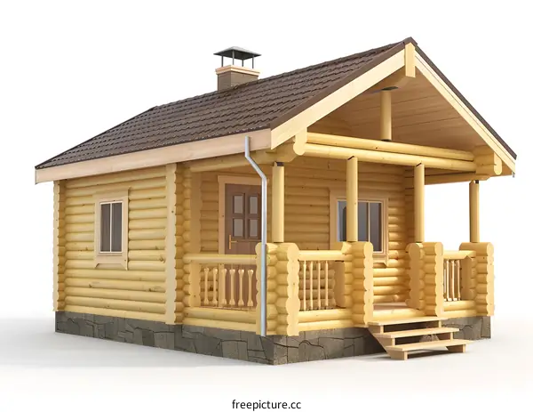 Wooden Log Cabin House with Porch and White Background