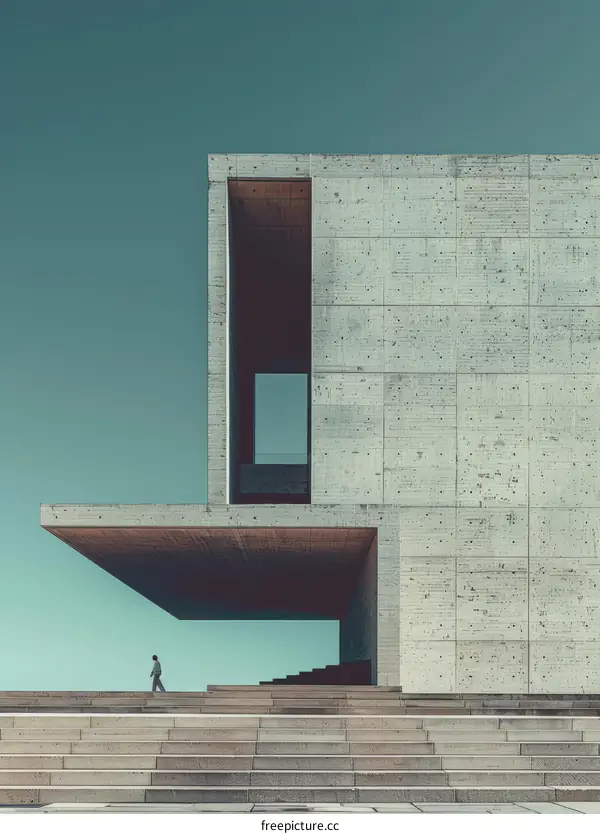 Man walking towards a concrete building with a large opening