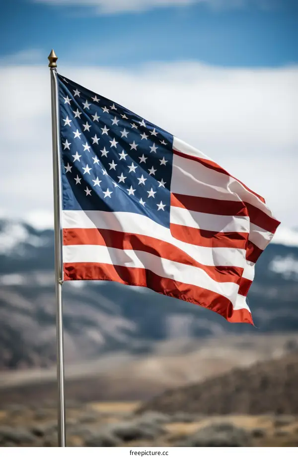 Close up of American flag against a mountain landscape