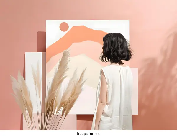 Woman Looking At Minimalist Mountain Artwork