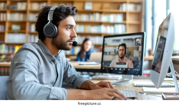 Man wearing headphones uses computer for video call in library