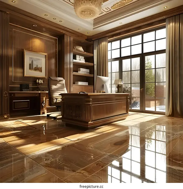 Modern Home Office Design with Large Windows and Wooden Desk