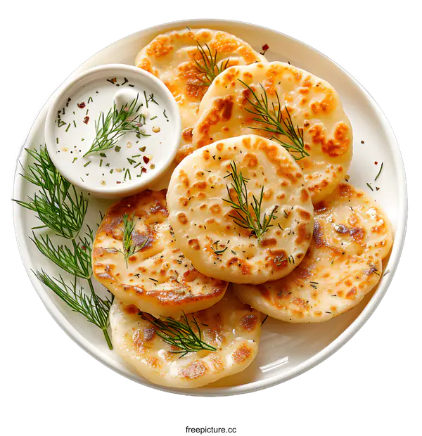 [Transparent Background PNG]Plate of flatbreads with fresh dill and dip