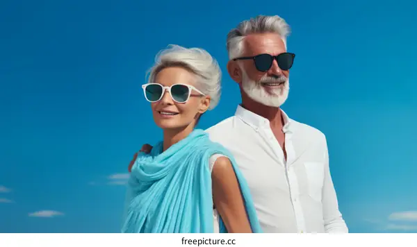 Happy senior couple smiling and wearing sunglasses