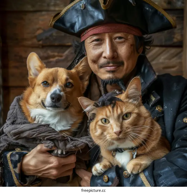 A pirate with a dog and a cat