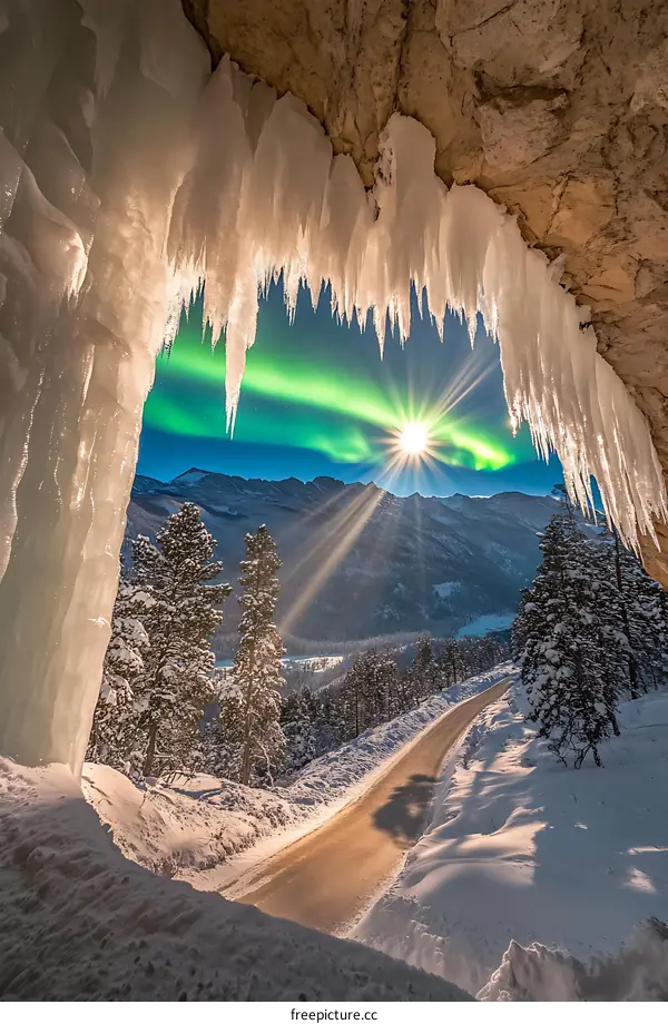 Northern Lights View Through Icy Cave