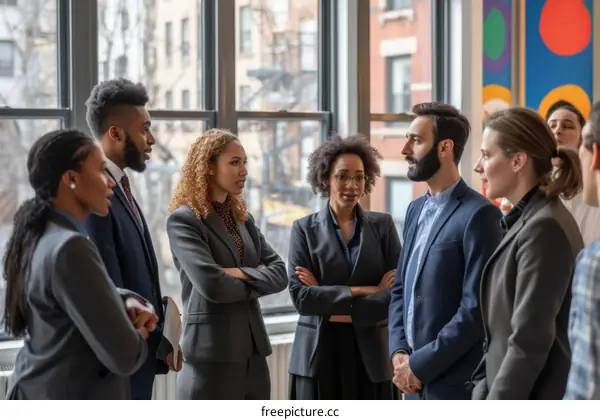 A group of people are having a conversation in an office.