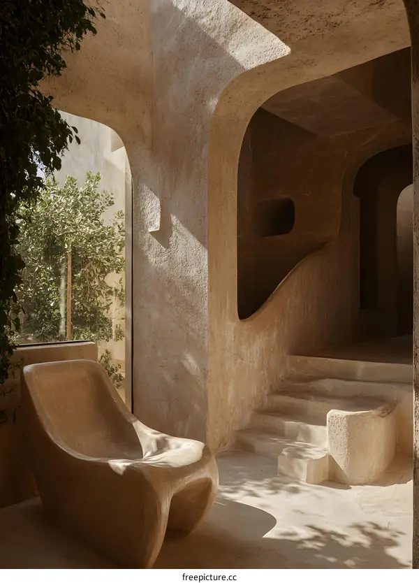 Modern Architecture Design With Curved Walls And A Unique Chair