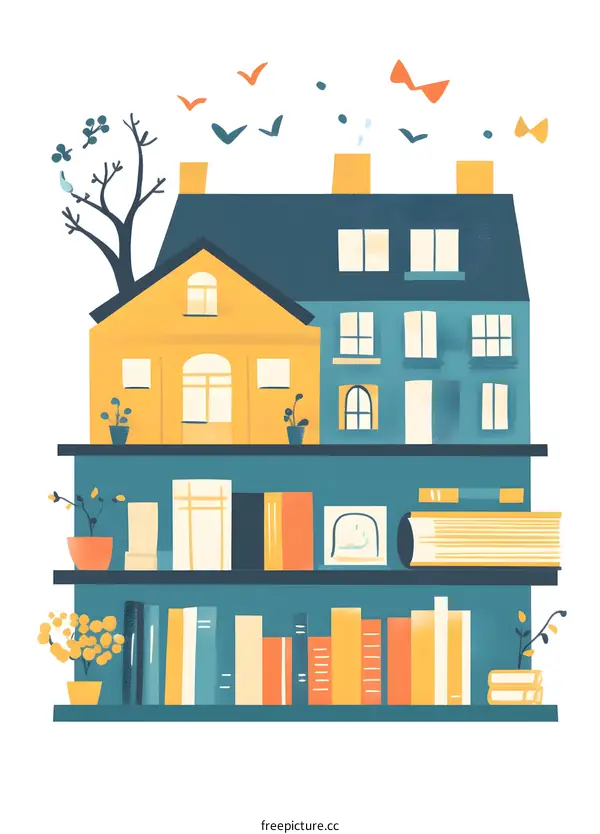 Bookcase Illustration With Two Houses