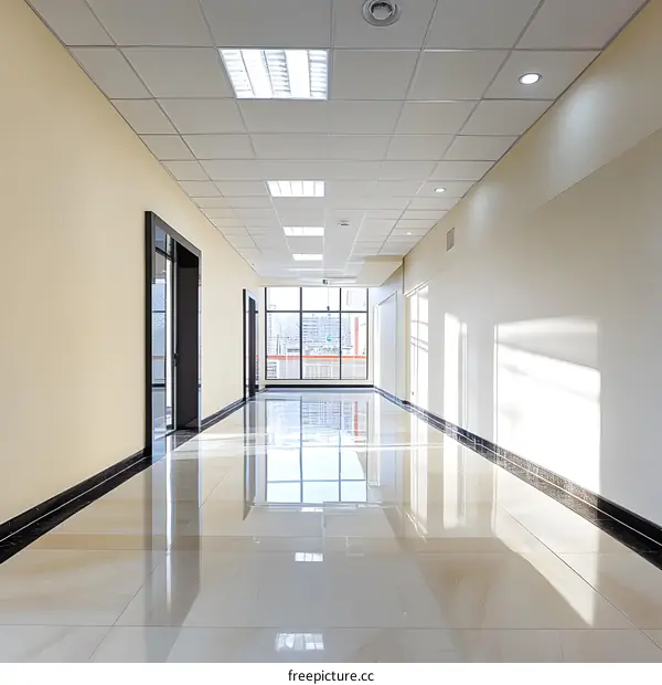 Empty Office Hallway With Window and Shiny Floor