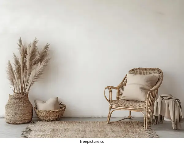 Beige Wicker Armchair and Decorative Plants