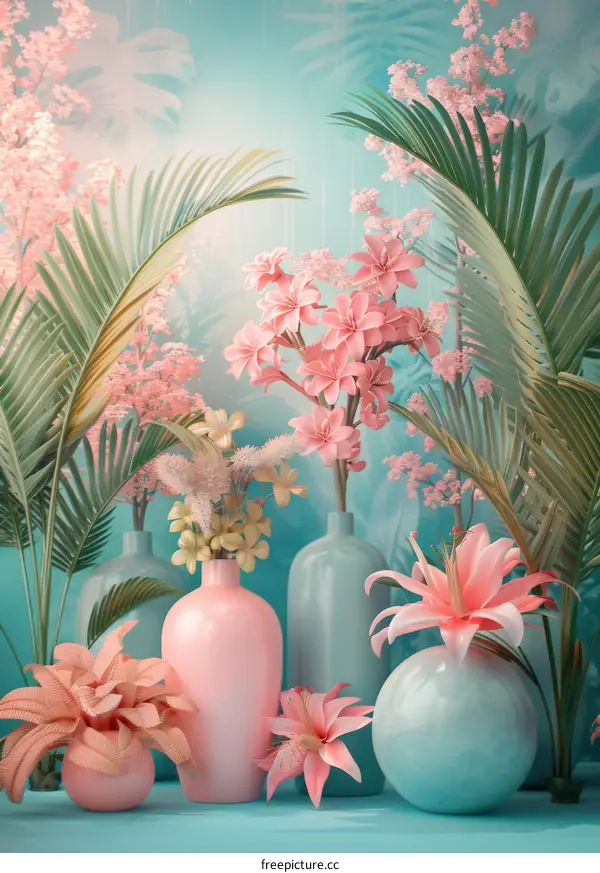 Vibrant Tropical Flowers in Ceramic Vases