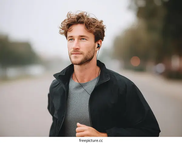 Man Running Outdoors Listening to Music