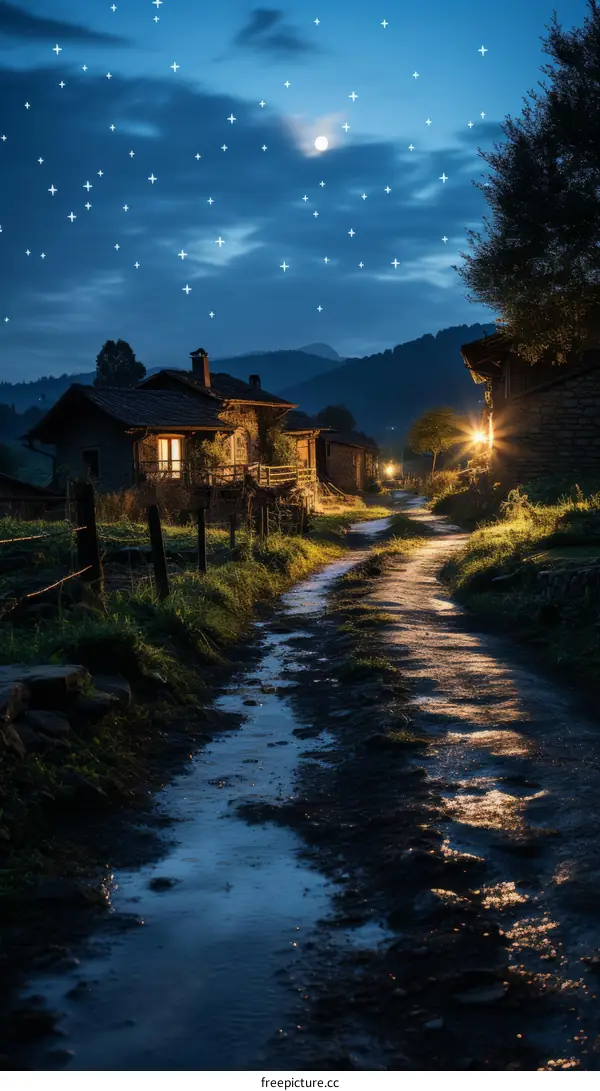 Illuminated Rural Village Path on a Rainy Night
