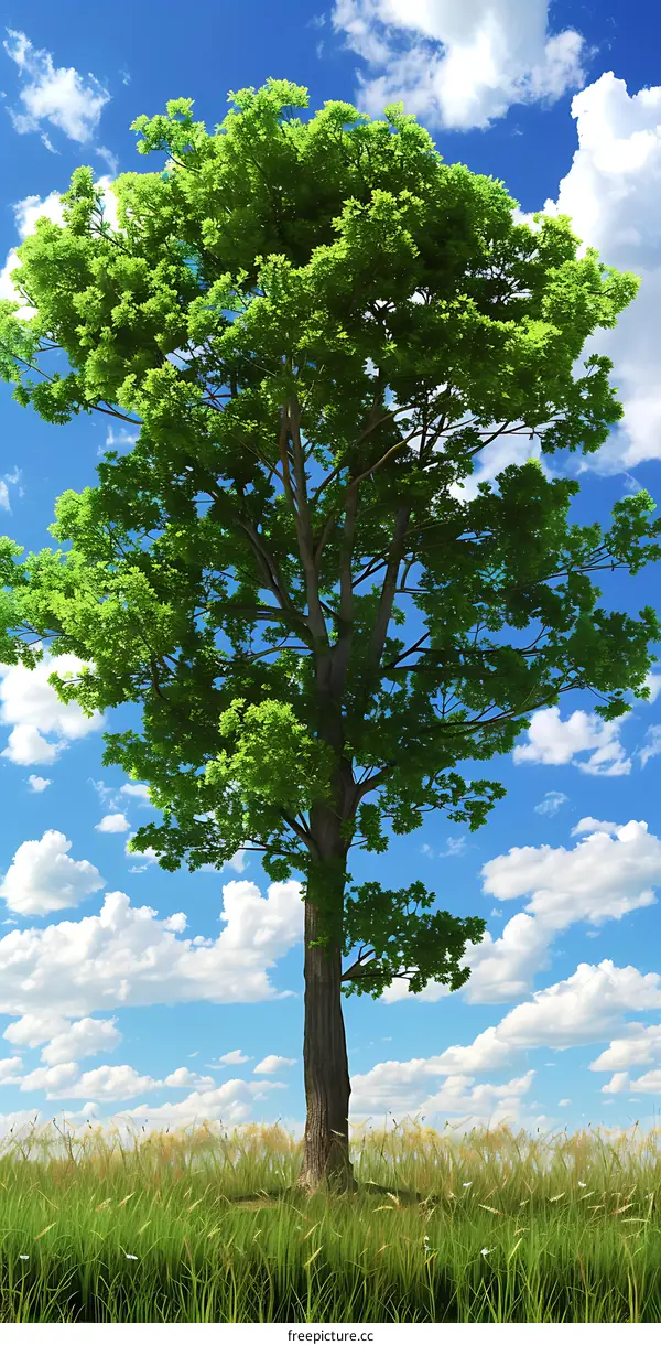 Single Tree with Green Leaves in a Field of Grass and Blue Sky