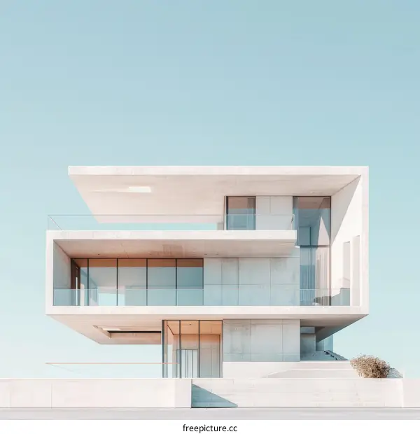 Modern Minimalist Concrete Beach House with Large Glass Windows and Balcony Overlooking the Ocean