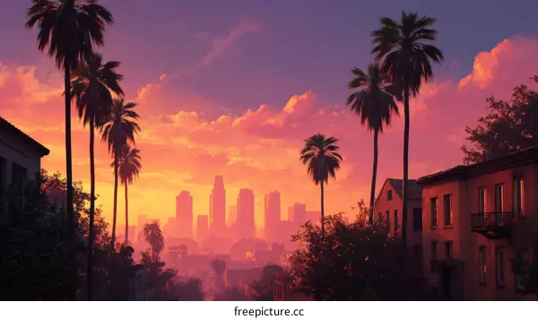 Sunset Cityscape with Palm Trees