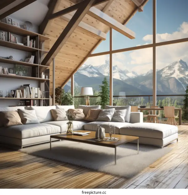 A cozy living room with a beautiful mountain view