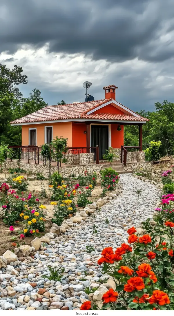 Orange Cottage in a Colorful Garden Under Cloudy Sky
