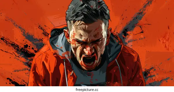 Portrait of a man screaming with blood on his face