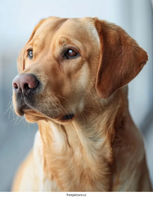 A portrait of a brown Labrador Retriever
