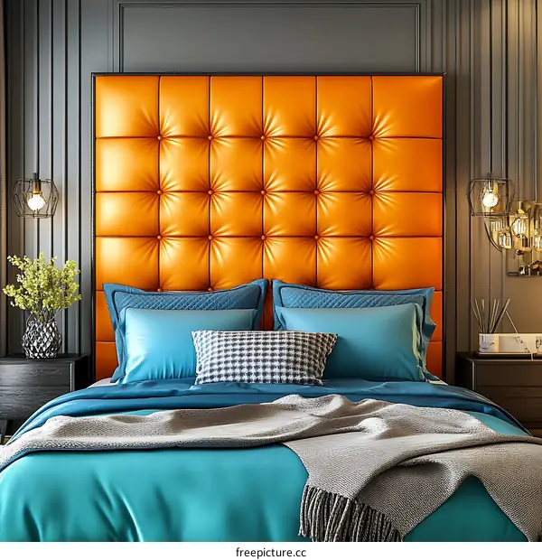 Modern Stylish Orange Tufted Headboard Bedroom Interior Design