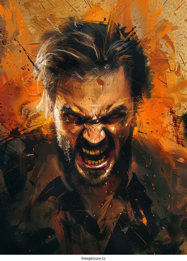 Angry Man with a Screaming Face in a Digital Painting