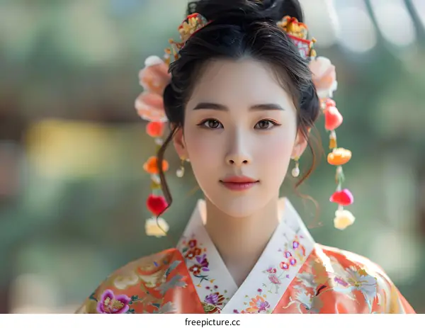 Portrait of a beautiful Asian woman in traditional Korean dress, or Hanbok
